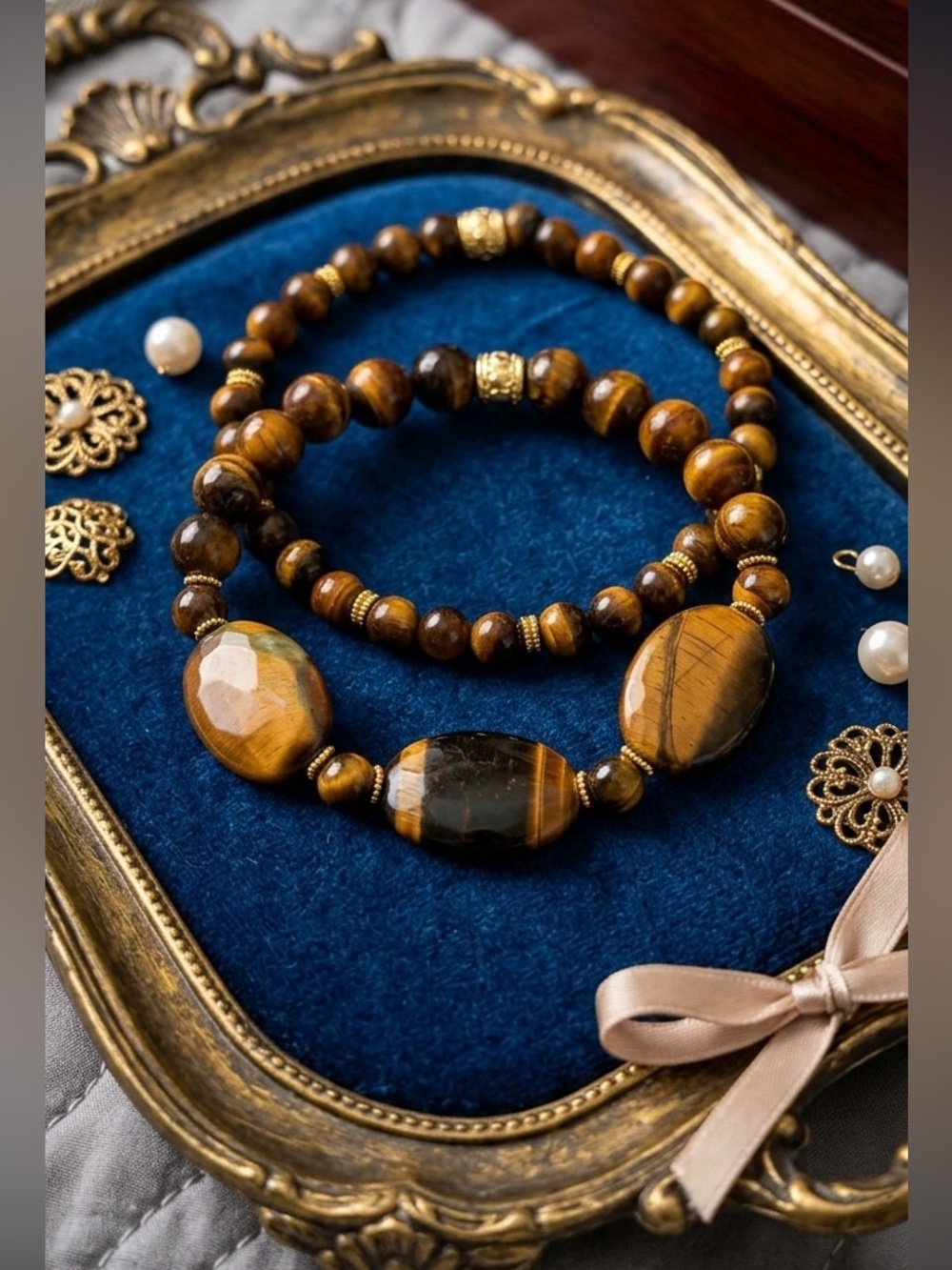 REESELYN CREATIONS Set of 2 Handcrafted Tiger's Eye Gemstones Stretch Bracelets